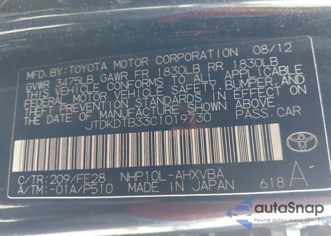 2012 Toyota Prius C One from USA, damaged, VIN JTDKDTB33C1019730